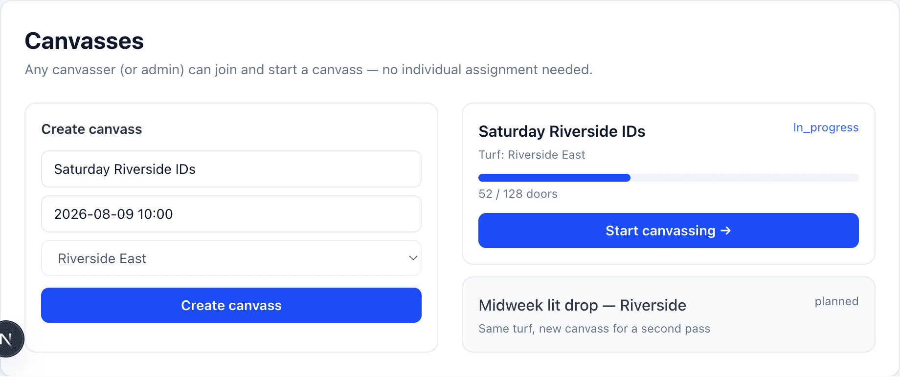 Canvasses page with create form and progress list