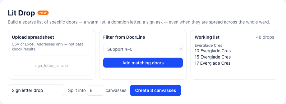Lit Drop builder with upload, filters, and a working list