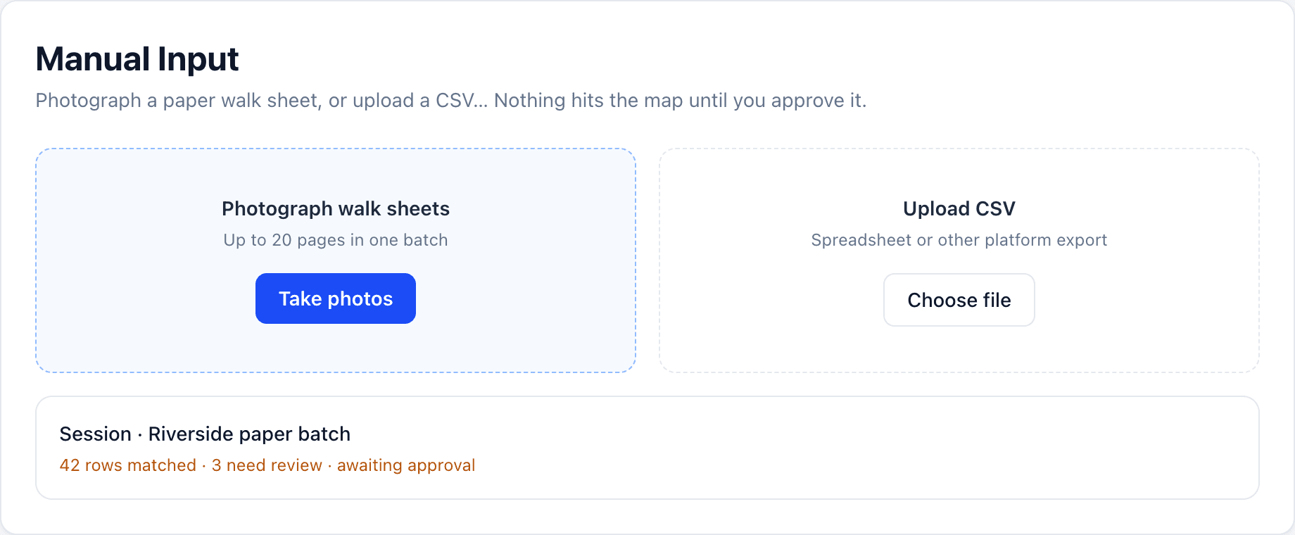 Manual Input page for paper and CSV