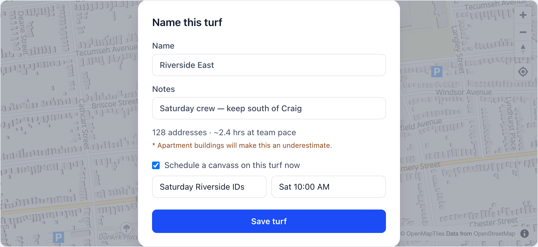 Name this turf dialog with address count and schedule option