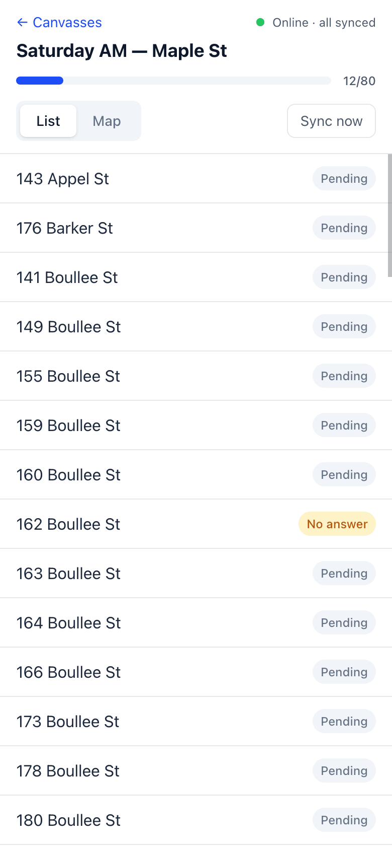 DoorLine address list showing each door's status